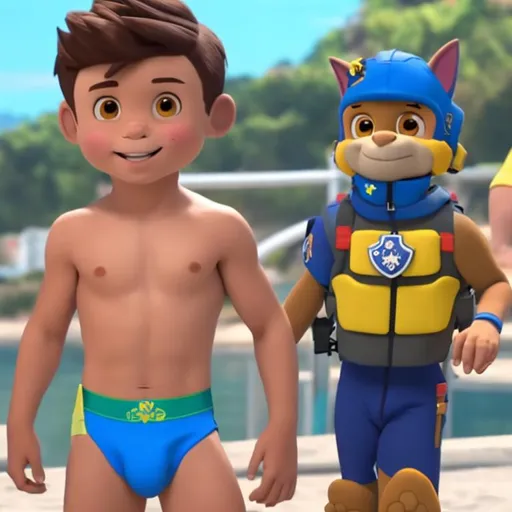 Prompt: Ryder human from paw patrol  wearing  speedos
