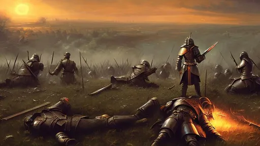 Prompt: Beskinski, a wounded Knight surrounded by the dead on the field of battle with fire in the distance