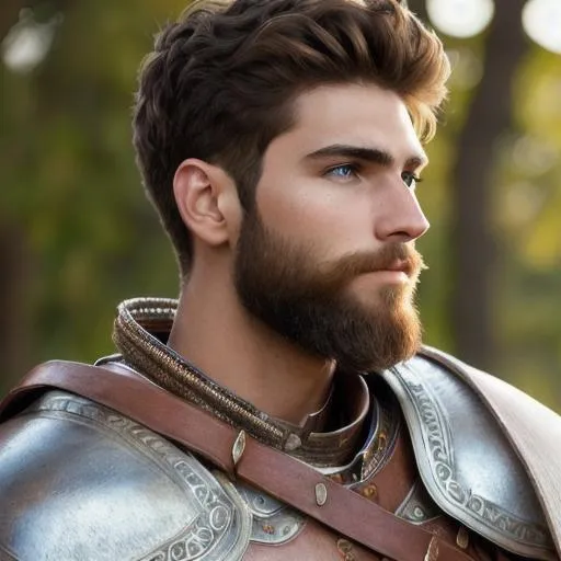 Prompt: 3/4 profile Photo of a young male warrior, wearing a metal breastplate, medium musculature, sandy brown, slight beard, very detailed eyes, UHD, 64K, sharp focus, studio photo, intricate details, highly detailed