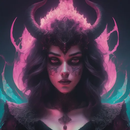 Prompt: beautiful female demon, hell, demonic, gothic, vaporwave, retro, neon, aesthetic, liminal, high quality, high definition, beautiful, dramatic lighting