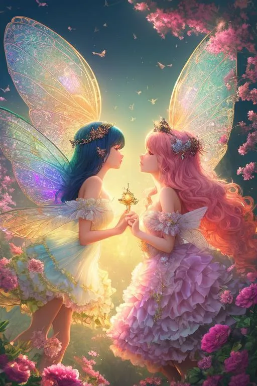 Prompt: WLOP,

masterpiece best quality hyperdetailed breathtaking colorful glamorous scene of 2 faerie girls flying joyful hopeful in the fantasy glowing forest, petite young body, beautiful detailed glamorous off the shoulder floral faerie dress, hyperdetailed intricate flying fluffy hair, stray hairs, glamorous symmetrical colorful dragonfly wing, glamorous colorful diamond heel, highly detailed beautiful face, intricate hyperdetailed beautiful glossy lips, highly detailed beautiful eyes, hyperdetailed complex,

cannon 5D 50 mm lens f/1.2 aperture,

windy, glamorous sky, colorful glowing glamour sunshine, intricate glowing glamour colorful light reflection, a lot of hyperdetailed colorful glamorous tiny butterfly floating in the air, glamorous beautiful detailed shading, cinematic light, studio lightning, back light, cozy, fantastical nostalgic mood,

professional award-winning photography, volumetric lighting maximalist photo illustration 8k, resolution high res intricately detailed complex,

glamourous, high res, key visual, vibrant, precise lineart, panoramic, cinematic, masterfully crafted, 8K resolution, beautiful, stunning, ultra detailed, expressive, vibriant color, hypermaximalist, colorful, rich deep color, vintage show promotional poster, glamour, brush strokes, UHD, HDR, UHD render
