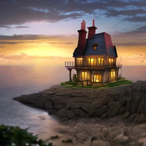 Prompt: steampunk, house, sunset, sea, high resolution, 16:9