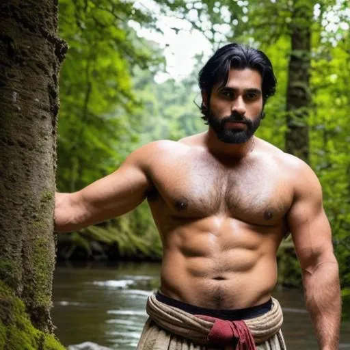 Prompt: full body portrait of handsome warrior hunk boy with black hair and with rugged face "clean forehead", reflection, very hairy chest and armpits, magical forest, looking sideways, dense river, dhoti, leather armour, arena, perfect composition, hyperrealistic, super detailed, 8k, high quality, trending art, trending on artstation, sharp focus, studio photo, intricate details, highly detailed, by greg rutkowski