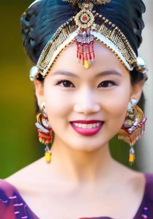 Prompt: Young Chinese woman with round chin, fair face, delicate eyebrows, smiling. Beautiful and well-proportioned face with rosy cheeks, eyes straight ahead, shy, wearing a golden phoenix headdress similar to Tang Dynasty China