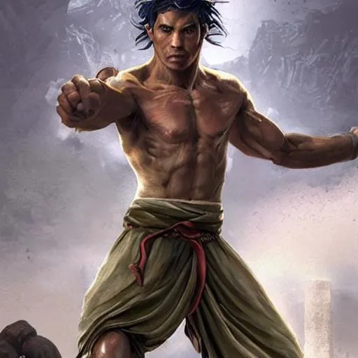 Prompt: male monk, fighter, white bandage on arms, marked muscles, olive skin, young, alluring, messy hair, brown eyes, detailed face, combat stance, black soggy pants, spiritual, epic fantasy, temple in the background, D&D, by artgerm and Craig Mullins, James Jean, Andrey Ryabovichev, Mark Simonetti and Peter Morbacher, matte painting, trending on artstation, artstationHD, artstationHQ, octane, full HD, 16K