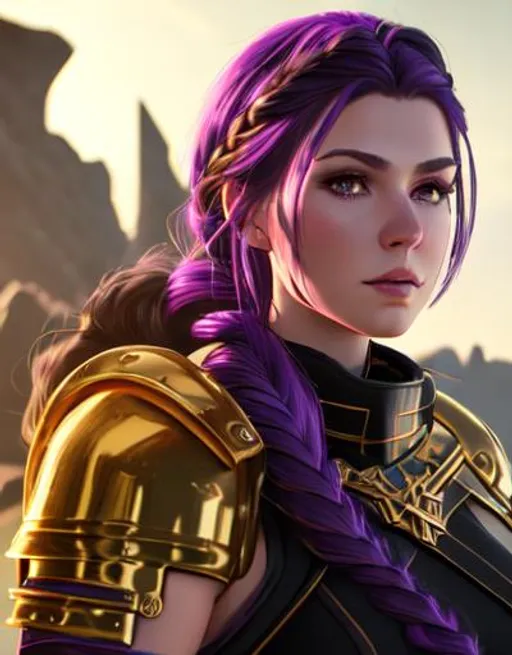 Prompt: Digital art, 20-year-old woman viking, dark purple hair, one braid, light blue eyes, black gear, gold armor, unreal engine 8k octane, 3d lighting, full body, full armor