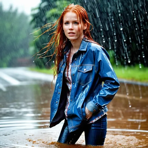 Prompt: photo of young woman, soaking wet clothes, small brown boots, tight dark blue long jeans, dripping wet denim jacket and shirt, clinging, long sleeves,  , standing in the pooring rain, dripping wet redhead,   enjoying, water dripping from clothes, clothes stuck to body,  detailed textures of the wet fabric, wet face, wet plastered hair,  wet, drenched, professional, high-quality details, full body view.