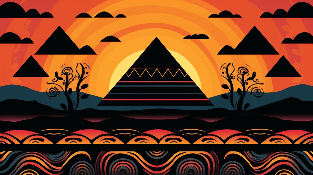 Prompt: pyramids in front of a sunset in style of moche art x moche art patterns