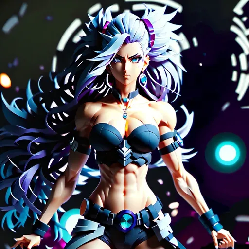 Prompt: Anime 4k UHD of a solo, muscular female with perfect autonomy body shape, slim muscular tone, long wavy hair in blue and pink, spiked hair, looking at viewer, midriff, abs, blue eyes, detailed earrings and jewelry, full body view, intense gaze, long wavy hair, bright and vibrant colors, detailed facial features, professional artwork, anime style, vibrant color palette, detailed eyes