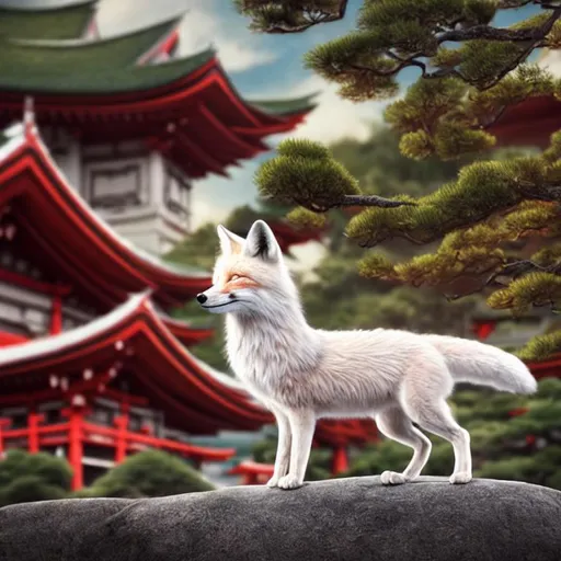 Prompt: Photorealistic, white, fox, with red eyes and one long, fluffy tail and four legs, standing on a grey rock, in front of a big, photorealistic, red japanese temple with green roof, and tall, green pine trees behind, and photorealistic hanging lanterns in the foreground