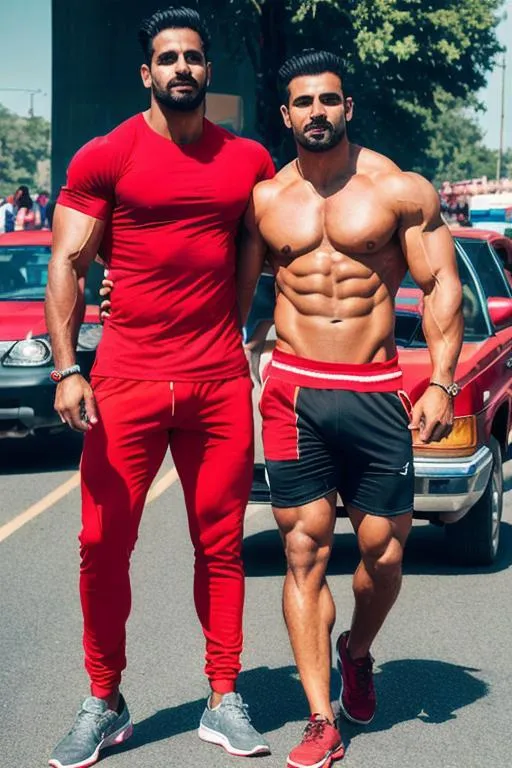 Prompt:  (couple of "fair haryanvi" rugged hypermasculine muscular man) wearing (red t shirt), and ((flexing muscle) on (a street filled with heavy traffic)), arena, perfect composition, hyperrealistic, super detailed, 8k, high quality, trending art, trending on artstation, sharp focus, studio photo, intricate details, highly detailed, 