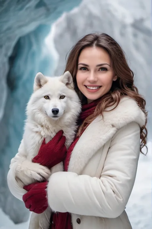 Prompt: professional full body photograph of a gorgeous Ukrainian lady in winter clothing with long wavy Ukrainian hair, 40 years old, touching with her hand a head of a ( White Wolf), great smile bright teeth, sultry flirty look, (freckles), gorgeous, looking into the camera, symmetrical face, cute natural makeup, wearing elegant warm winter fashion dark red clothing, ((standing outside in Antarctica ocean ice cave Freeze)), stunning modern urban environment, ultra realistic, concept art, elegant, highly detailed, intricate, sharp focus, depth of field, f/1. 8, 85mm, medium shot, mid shot, (((professionally color graded))), bright soft diffused light, (volumetric fog), trending on, hdr 4k, 8k