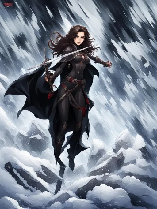 Prompt: an anime cute dark mocha female rogue, long brown hair, red eyes and lips, black cloak, short sword, confident expression, two thirds body, combination of red and black color scheme, muted colors, splash art, cinematic, very detailed, sharp focus, style of rogue, by Todd Lockwood,