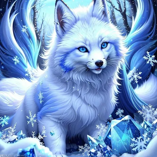 Prompt: remove text, (masterpiece, professional oil painting, epic digital art, best quality:1.5), insanely beautiful female ((fox)), (canine quadruped), adolescent, ice elemental, deep blue pelt covered in frost, bashful hypnotic sapphire blue eyes, gorgeous silver mane covered in snowflakes, plump, finely detailed fur, hyper detailed fur, (soft silky insanely detailed fur), moonlight beaming through clouds, grassy field covered in frost, cool colors, professional, symmetric, golden ratio, unreal engine, depth, volumetric lighting, rich oil medium, (brilliant auroras) fill the sky, (ice storm), full body focus, beautifully detailed background, cinematic, 64K, UHD, intricate detail, high quality, high detail, masterpiece, intricate facial detail, high quality, detailed face, intricate quality, intricate eye detail, highly detailed, high resolution scan, intricate detailed, highly detailed face, very detailed, high resolution