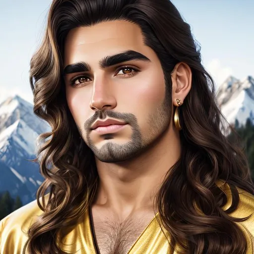 Prompt: man, brown middle part hair, medium long hair, brown eyes, thick black eyebrows, juicy lips, beautiful nose, oval face, golden earring left side ear, mountain background, detailed face portrait, realism, 4k, HD