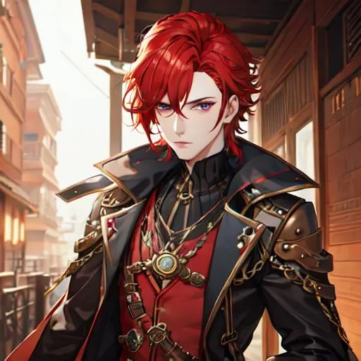 Prompt: Zerif 1male (Red side-swept hair covering his right eye) steampunk, UHD, 8K, highly detailed