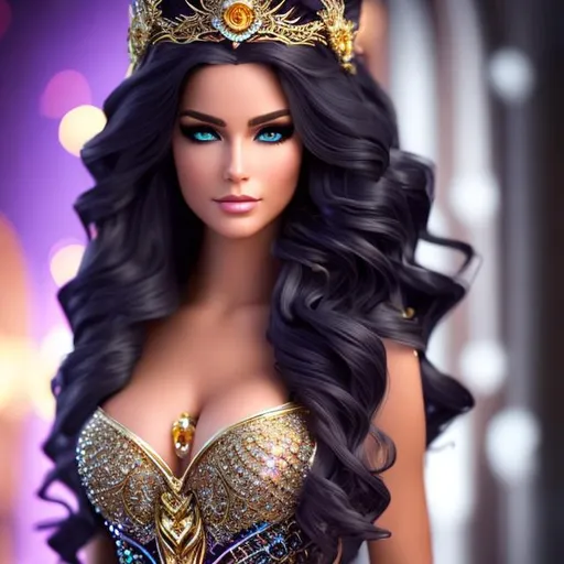 Prompt: Fantasy Supermodel, long wavy hair, {{extra large breasts}}, bejeweled armor, crystal hair, rainbow eyes, Gold_Crown, Royalty, Precise and In Control, RPG, D&D, highly detailed face, highly detailed eyes, full body, whole body visible, full character visible, soft lighting, high definition, ultra-realistic, 