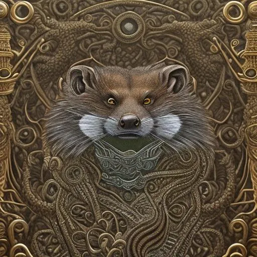 Prompt: Insanely Detailed Japanese Mon of a Mongoose, On a black Sash, Brown and Dark Green Colors, Intricately Detailed, Hyperdetailed, Legend of the Five Rings, Hyperrealistic, 4K, 8K resolution, 3D shading, beautiful, Asian Aesthetic, L5R, Anciant Japanese