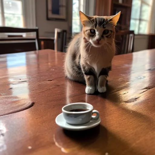 Prompt: cat sitting on a mahogany table next to a spilled cup of coffee