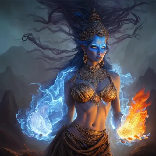 Prompt: oil painting, hd quality, UHD, hd , 8k, hyper realism, panned out view, dark fantasy, dark fantasy atmosphere, clear face, female genie with blue skin, she is standing in the desert, she is using fire powers