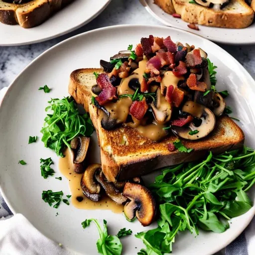 Prompt: a plate with vegan toast with mushroom and bacon top of it
