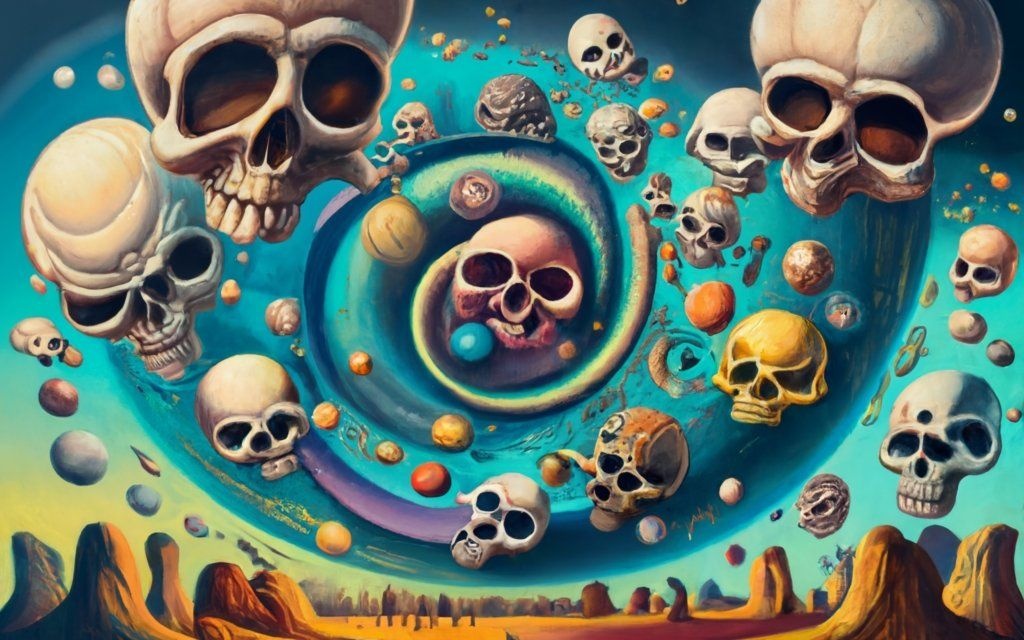 Prompt: In the style of an interstellar comic book, an oil painting captures a chilling scene of a spiral of skulls. The background, painted with swirling colors, resembles a dreamy spacescape. Distorted figures appear, blending seamlessly with the eerie supernatural realism.