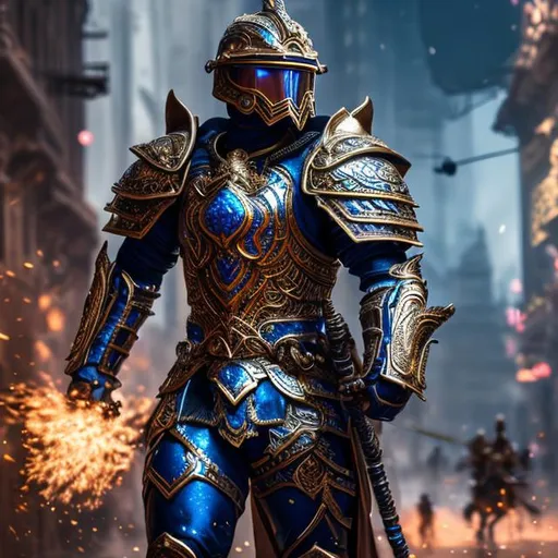 Prompt: long shot super detailed lifelike illustration, intricately detailed, dramatic lighting, soldier in a blue full metal armor without weapons, gorgeous detailed helmet,  long flowing cape

masterpiece photographic real digital ultra realistic hyperdetailed,  

volumetric lighting maximalist photo illustration 4k, resolution high res intricately detailed complex,

soft focus, digital painting, oil painting, clean art, professional, colorful, rich deep color, concept art, CGI winning award, UHD, HDR, 8K, RPG, UHD render, HDR render, 3D render cinema 4D