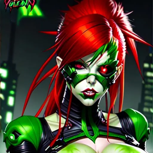 Prompt:  Ultra Detailed FEMALE Poision Ivy DC VILLIAN GREEN SKIN RED HAIR CYBERPUNK STYLE