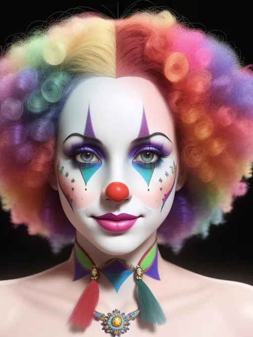 Prompt: beautiful clown, rainbow clown, happy-eyed clown, excited, dreamy, dreamy, perfect face, perfect eyes, perfect lips, perfect nose, smiling, intricate details, sharp focus, depth of field, volumetric lighting, fantasy majestic clothes, smooth soft skin, symmetrical face, soft lighting, detailed face, concept art, digital painting, ethereal, epic, 32k, intricate details, sharp focus, trending on artstation, kids story book style, muted colors, watercolor style