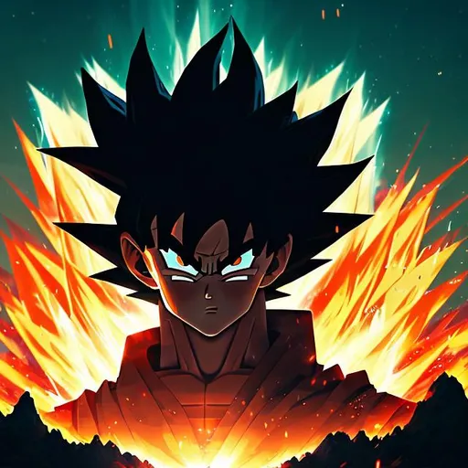 Prompt: High quality illustration of Goku, dark palette colors,  amazing digital art,view from side, Goku silhouette in middle, high definition,8k, sharp focus, dragon , beautiful landscape, artsation, light exposure, midjourney style, modern, well defined face, high details