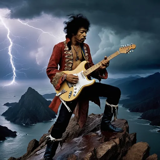 Prompt: Jimi Hendrix playing his guitar at the top of a mountain in a storm. A flying pirate ship is nearby. Its extremely stormy and rainy. Lots of lightning.