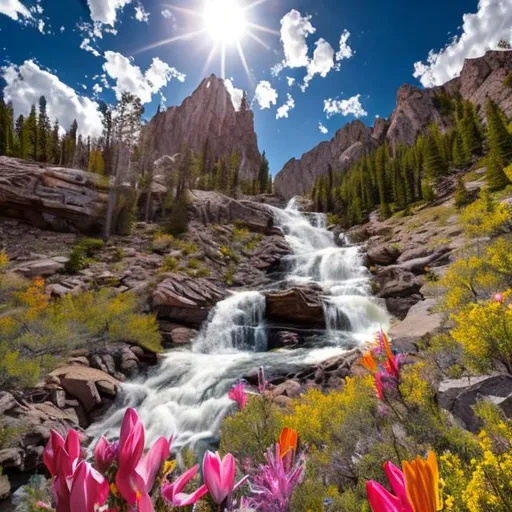 Prompt: Rocky Mountain water fall with a few colorful flowers and  light, fluffy, clouds in the blue sky.