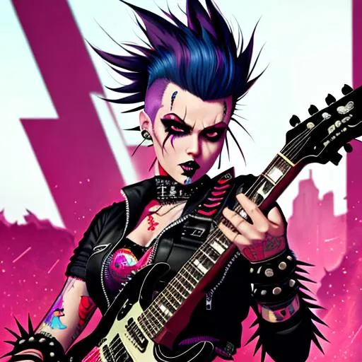 Prompt: a zombie undead female punk rocker with a mohawk playing electric guitar made from bones, wearing black spiky gloves, tristan eaton, victo ngai, artgerm, rhads, ross draws, cinematic by francis tneh
