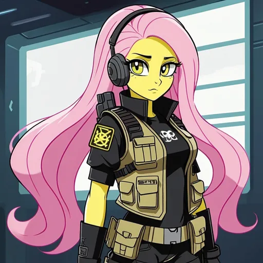 Prompt: Cyberpunk Equestria girls fluttershy wearing a tactical vest