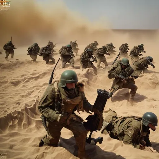 Prompt: guerilla warfare, trench warfare, desert, raid, convoy, scifi, army, large, thick sand storm, artillery barrage
