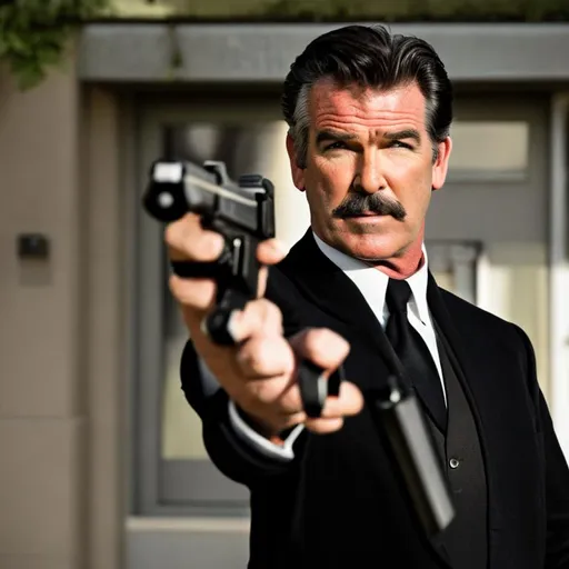 Prompt: pierce brosnan with a thick mustache as james bond with a thick mustache holding a walther ppk
