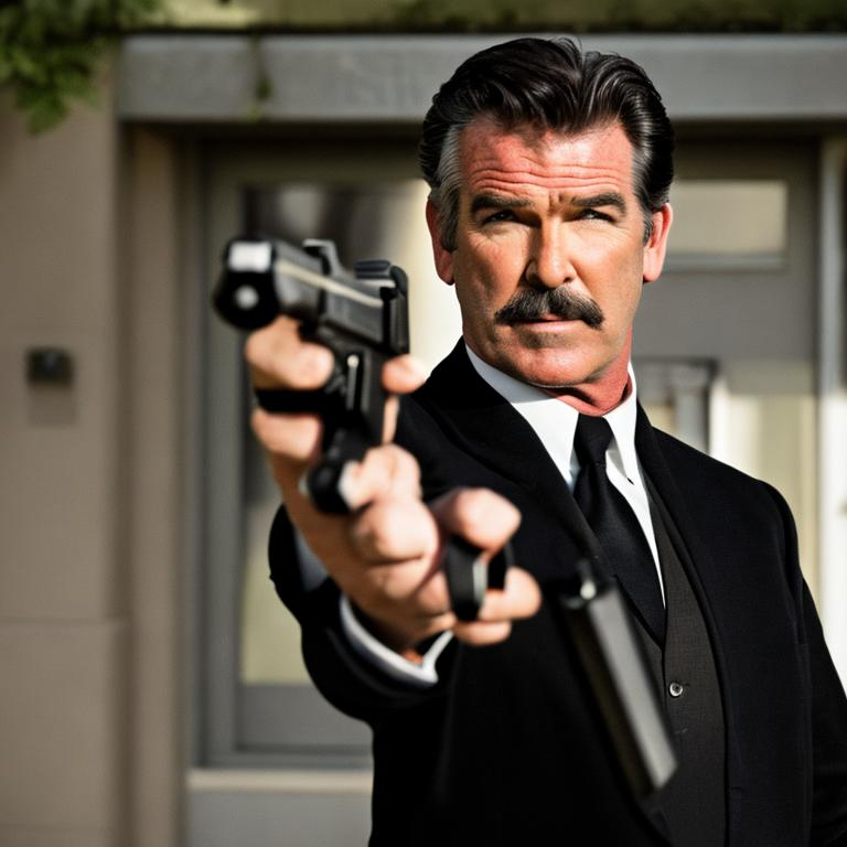 pierce brosnan with a thick mustache as james bond w...