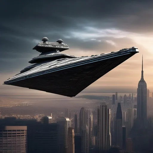 A Star Destroyer from Star Wars movies, above the ci... | OpenArt