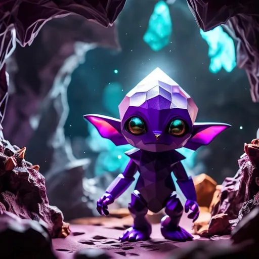 Prompt: Small purple humanoid figure, long pointy ears, large hexagon shaped gems for eyes, a large mouth with small pointy teeth, three fingers on each hand and three toes on each foot, short limbs, crouched stance, purples and blues, dim lighting, cave, spooky, goblin like, dark, smooth skin, crystals, genderless, clear image, sword, armor, adventure