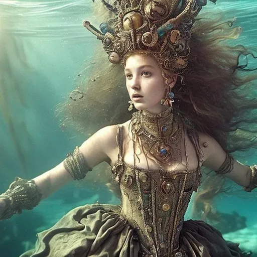 Prompt: woman in 16th century dress underwater.  hair, elaborate hair, fabric, lace, bubbles. jewels, queen.  deep water.