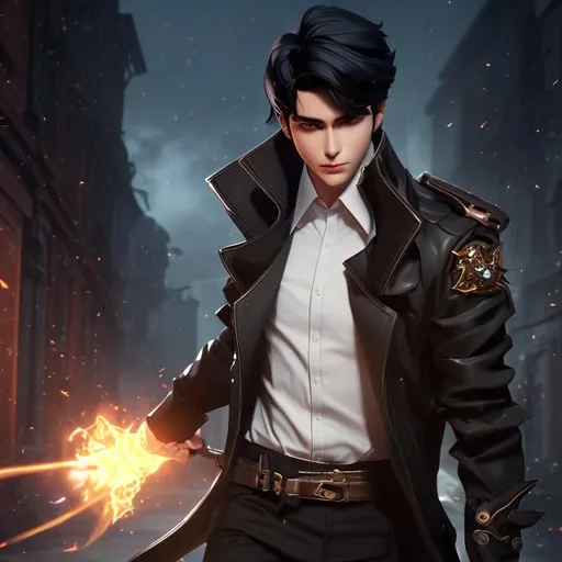 Prompt: full body shot shot of a young {man} with moderate length black hair wearing dark brown trench jacket and white collared shirt with black pants and black boots, handsome, high res, HDR, 8k, fantasy, medieval, steampunk, dark fantasy, stable image, high definition, best proportions, sharp face, good face, good anatomy, league of legends, riot games, illustrated, anime, anime art, drawing, sketch, full body shot, popular art, stylized, artstation by Alex Flores
