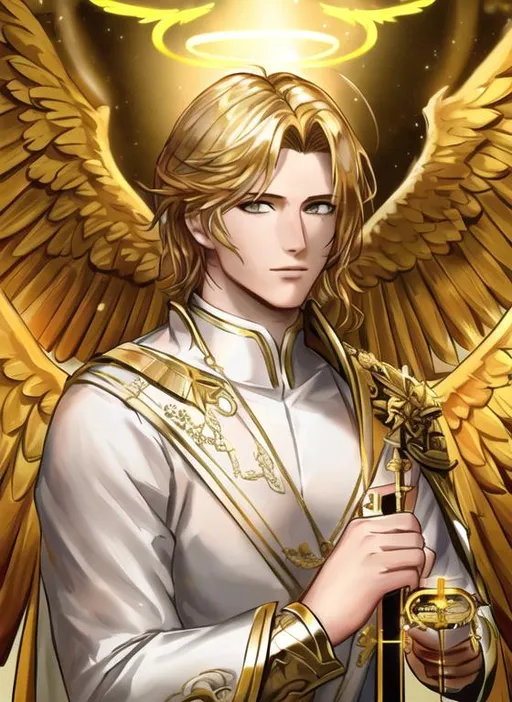 Prompt: Angel, halo, radiant golden light, seraph, six wings, photo realistic, Male, warrior, ancient, wallpaper, St michael, catholic, archangel, handsome, Male face, masculin face, 37 years old, Spears, fire, 16k