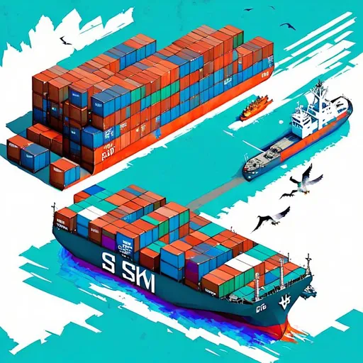 Prompt: An isometric view of two 40ft standard shipping containers being loaded onto a cargo ship at a port, with seagulls flying around them and crates scattered around the dockside area. Art Style Note: This image should be rendered in an anime-inspired art style, with muted colors and detailed textures throughout. 