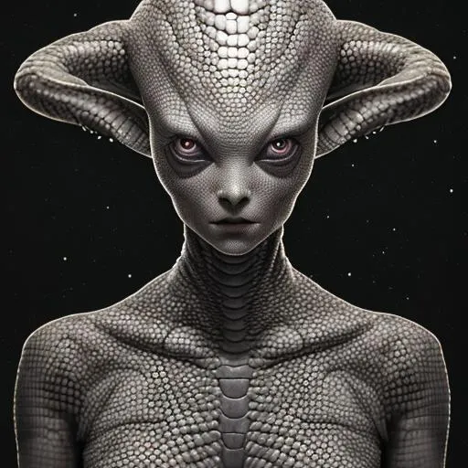 Prompt: Wide angle, full body photo of a female reptilian alien, with large head and deep black eyes, very little hair. by Flora Borsi. amazing details, hyper-realistic photograph, made of billions of intricate small mirrors, GODLIKE, bokeh, studio photography, cinematic lighting. depth of field. 8k