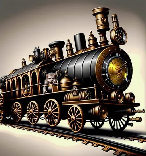 Prompt: a steampunk train, monkey, digital art, hyperrealistic