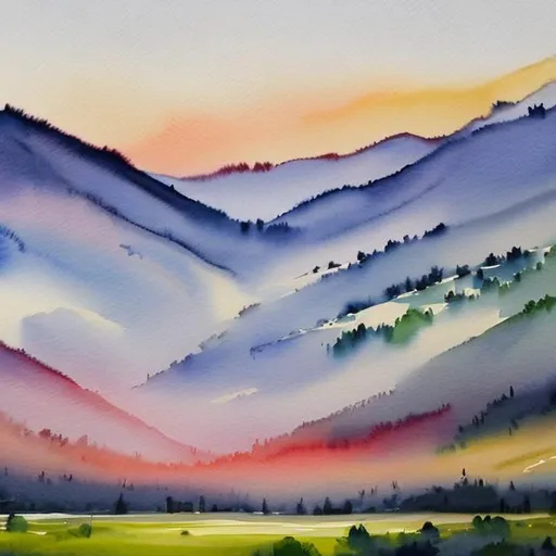 Prompt: Dawn and sunrise over wintry valley in watercolor
