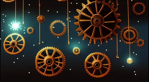 Prompt: voxel art, steampunk, dark colors, sparkling night, stars, giant gears floor, gears, mechanical world
