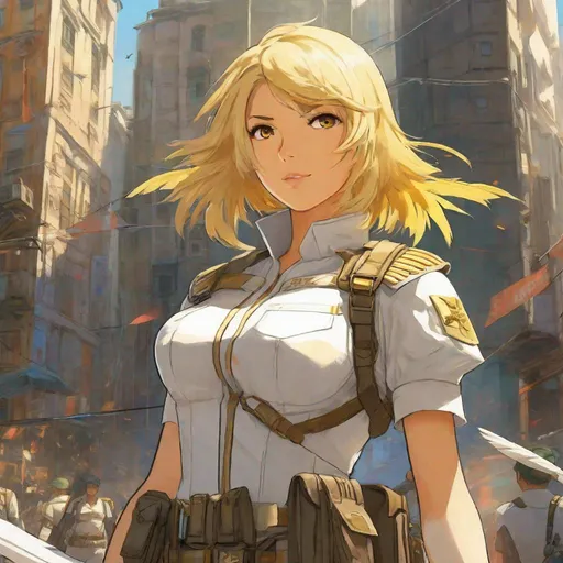 Prompt: Third person, gameplay, ((A tall blonde female soldier with golden hair that is bird feathers)), bird feathers coming from her waist, white unarmored uniform, tanned white skin, bright yellow eyes, short bob cut, serial numbers on the uniform, big city in the background, cool atmosphere, manga style, extremely detailed print by Hayao Miyazaki, Studio Ghibli. style of Arknights, style of Liberi race
