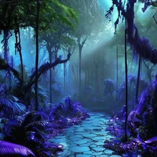 Prompt: a blue and purple alien rain forest dense close
