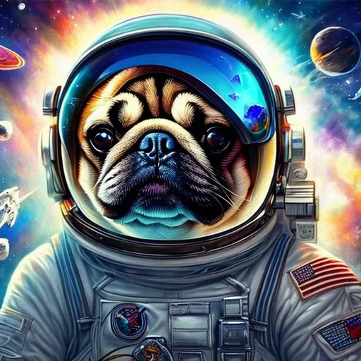 Prompt: a astronaut pug i in space in magical world ,photorealistic, god rays, artstation, deviantart, unreal engine, intricate details ,vibrant colors